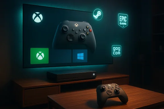 Living room gaming setup with an Xbox console, large screen, neon signs, and a controller.