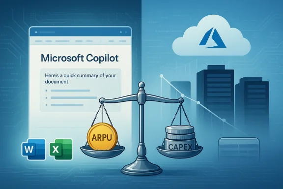 A balance scales ARPU against CAPEX for Microsoft Copilot in cloud services.