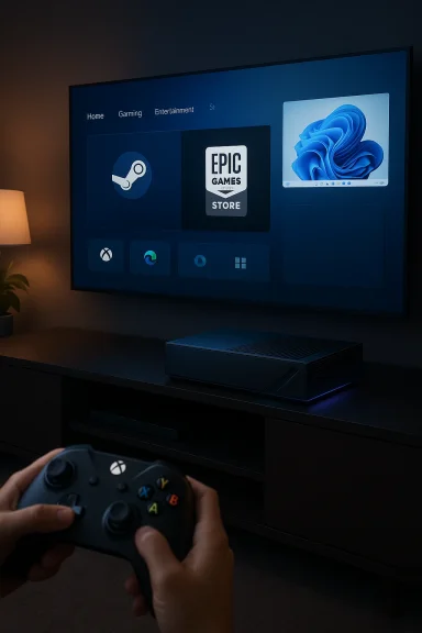 A person uses an Xbox controller to play on a wall-mounted TV displaying the Epic Games Store.