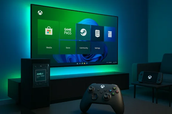 Cozy gaming setup with a large screen showing Xbox UI, an Xbox controller, and blue-green ambient lighting.
