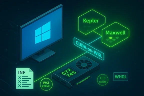 Neon infographic showing Windows PC enabling CUDA-on-WSL for NVIDIA GPUs (Kepler/Maxwell) with GTX 745.