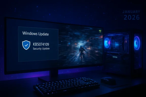 Blue-lit gaming setup with a Windows Update security notification displayed on the monitor. Blue-lit gaming setup with a Windows Update security notification displayed on the monitor.