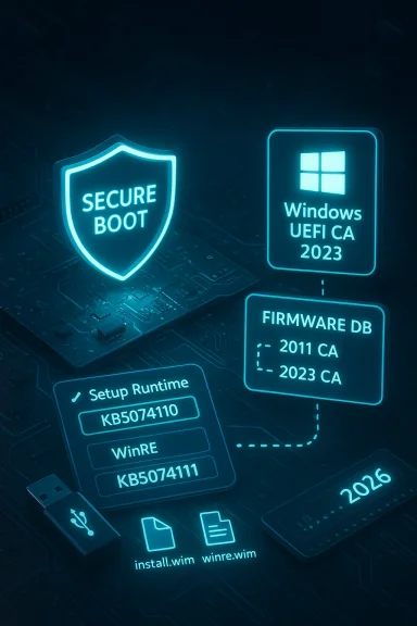 Glowing blue icons show Secure Boot shield, Windows UEFI CA 2023, and firmware data on circuitry. Glowing blue icons show Secure Boot shield, Windows UEFI CA 2023, and firmware data on circuitry.