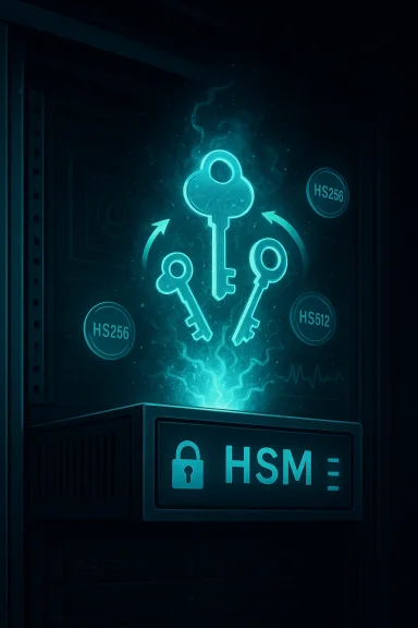 Glowing cyan keys and a padlock hover above an HSM security panel.