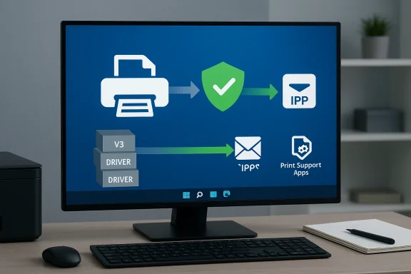 Monitor shows a printer workflow diagram with drivers, shield, and IPP.