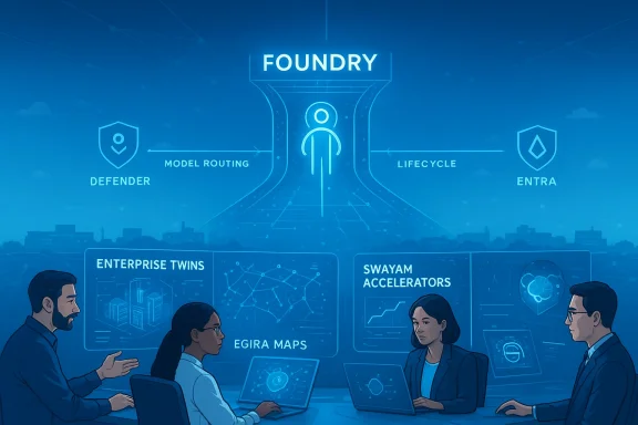 Team of professionals in a blue, futuristic briefing room around a 'Foundry' diagram.