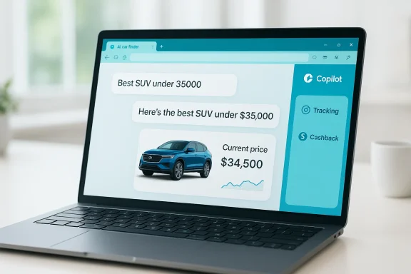 Laptop screen shows a car deal: Best SUV under $35,000, current price $34,500.