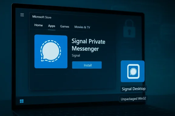 Blue-tinted laptop screen shows Microsoft Store listing for Signal Private Messenger with an Install button.
