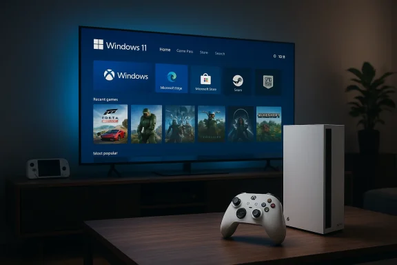 A living room with a large TV displaying Windows 11 and an Xbox Series X with controller on the table.