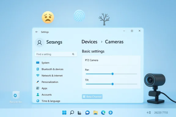 Blue Windows Settings screen with Camera controls (Pan/Tilt) and a 3D camera on the right.