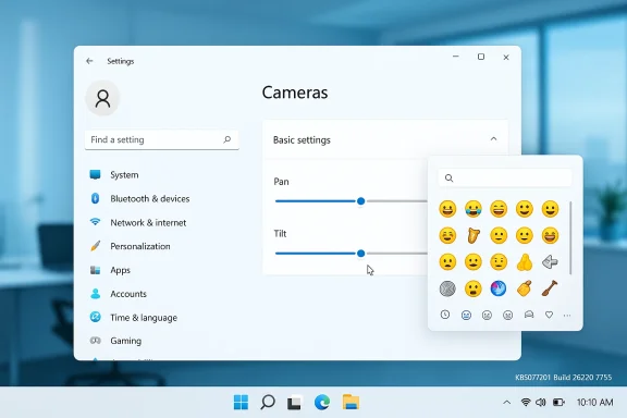 Windows 11 Settings: Cameras page with pan/tilt sliders and an emoji picker overlay.