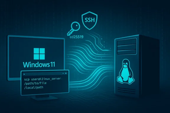 Blue cyber illustration of a Windows 11 PC exchanging files with a Linux server over SSH.