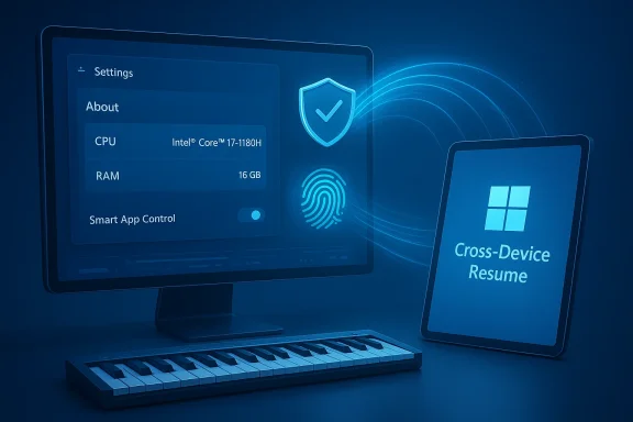 Blue-toned desk setup: monitor with settings panel and a 'Cross-Device Resume' tablet.