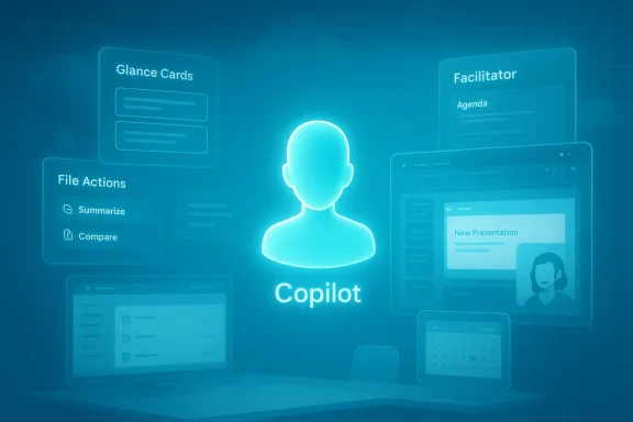 Glowing Copilot avatar at center with floating UI panels labeled Glance Cards, File Actions, and Facilitator.