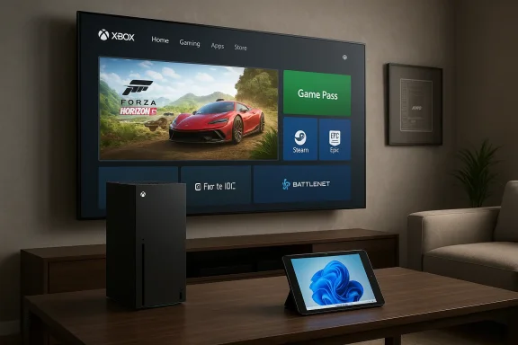 Xbox Series X on a coffee table with a tablet, as the large TV shows the Xbox dashboard.