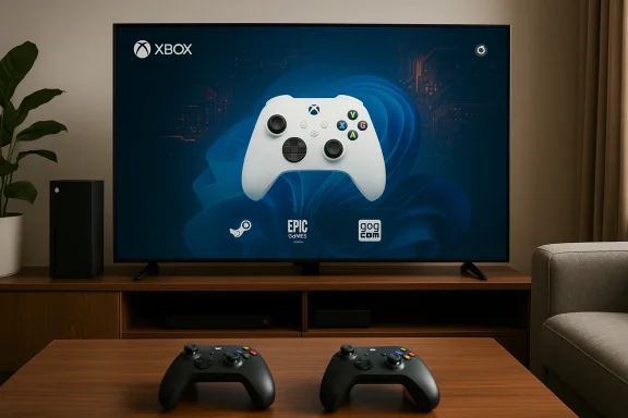 A living-room gaming setup featuring a large Xbox screen and two controllers on a wooden table. A living-room gaming setup featuring a large Xbox screen and two controllers on a wooden table.