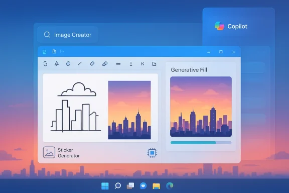 UI mockup of an image creator tool with skyline art, generative fill, and sticker generator.