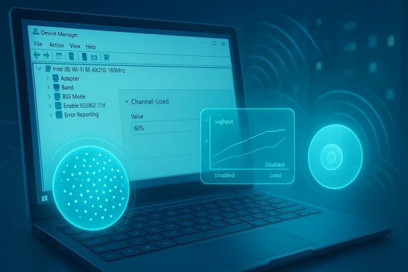 Laptop screen shows Device Manager with a floating channel-load chart and glowing holographic tech elements.