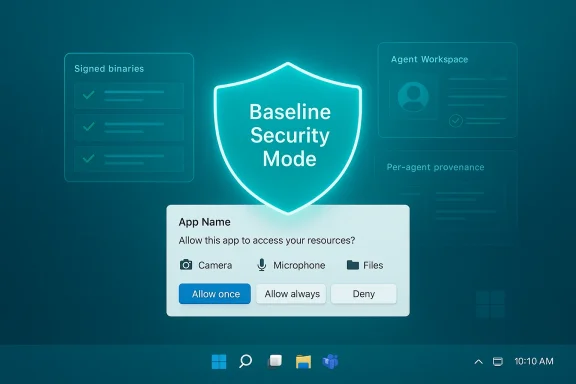 A glowing shield labeled Baseline Security Mode above an app permission prompt.