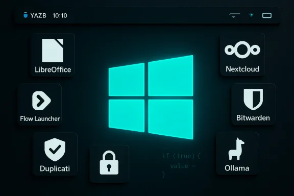 Glowing Windows logo centerpiece surrounded by app icons on a dark desktop.