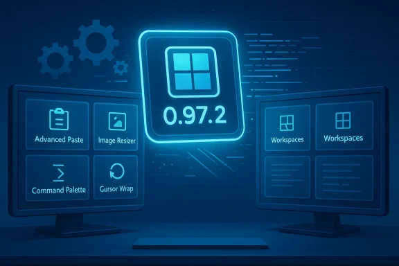 Neon blue software dashboard with a glowing Windows-style icon and version 0.97.2 between two monitors.