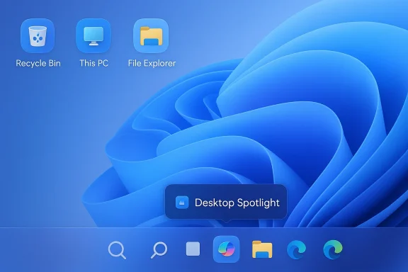 Blue desktop with Recycle Bin, This PC, and File Explorer icons and a Desktop Spotlight notification.