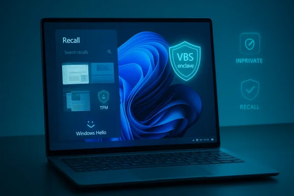 Blue-tinted laptop screen showcasing Windows 11 security features: Recall, TPM, Windows Hello, and a VBS enclave.