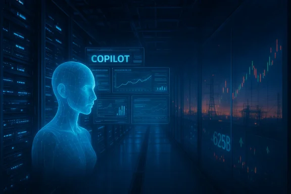 Blue holographic AI in a data center, monitoring dashboards and stock charts.