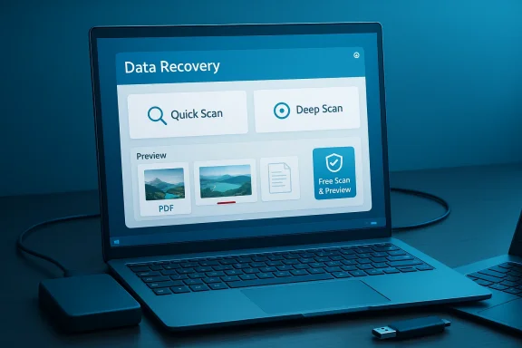 Laptop screen displays a data recovery app with Quick Scan and Deep Scan options.