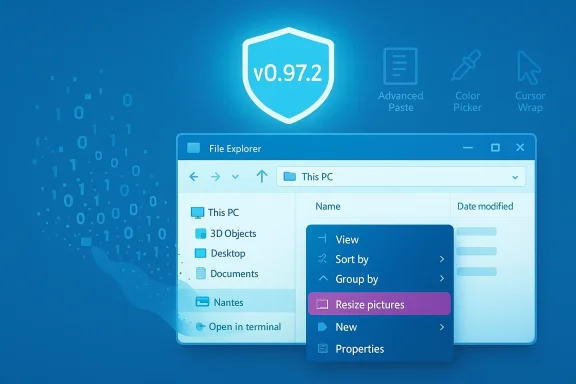 Blue digital UI showing a shield logo vo.97.2 above a File Explorer window.