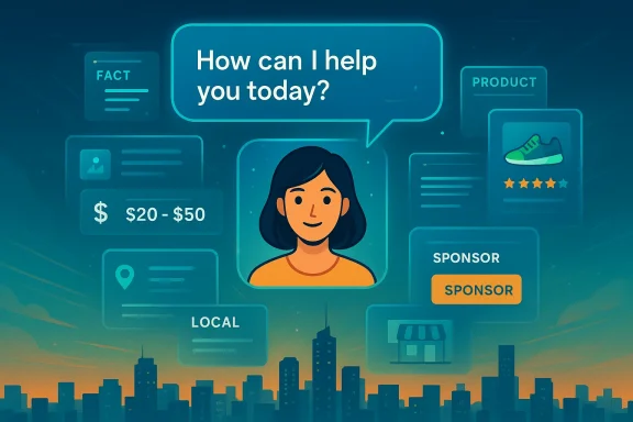 A friendly avatar acts as a chat assistant, surrounded by floating information cards.