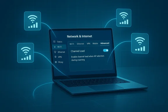 Laptop displays Network & Internet settings with Advanced tab and Channel Load toggle. Laptop displays Network & Internet settings with Advanced tab and Channel Load toggle.