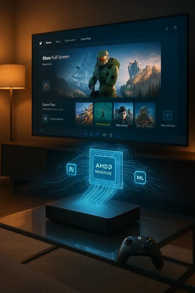 Living room gaming setup with a TV displaying a game interface and a blue AMD Magnus hologram emanating from the console.