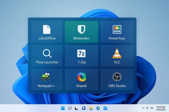 Windows 11 desktop with a blue tile-style app grid on an abstract blue wallpaper.