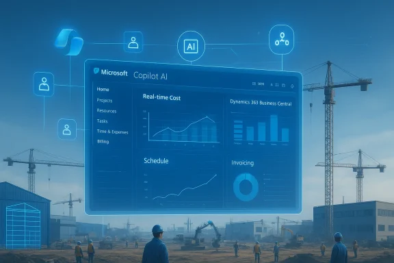 Construction site with a large holographic Microsoft Copilot AI dashboard displaying project metrics.