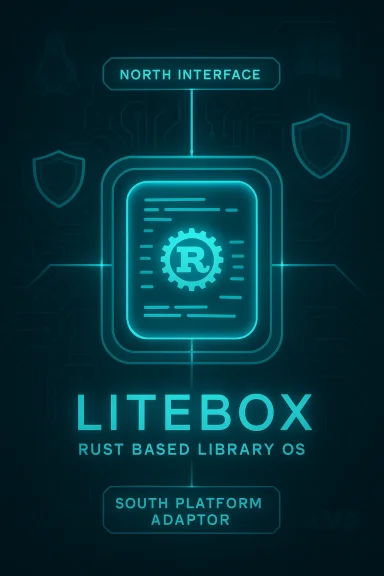Neon blueprint poster for LITEBOX, a Rust-based library OS with North Interface and South Platform Adaptor.