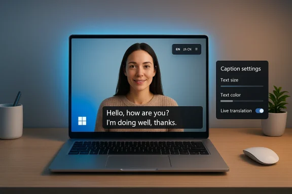 A woman appears on a laptop screen during a video call with live captions and translation settings.