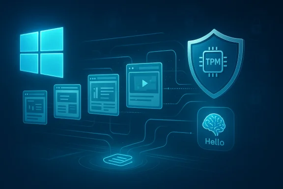 Blue digital-security illustration with Windows logo, TPM shield, and connected app icons.