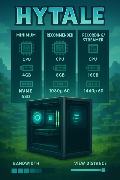 HYTALE poster detailing three PC specs—Minimum, Recommended, Recording—with a glowing computer tower.