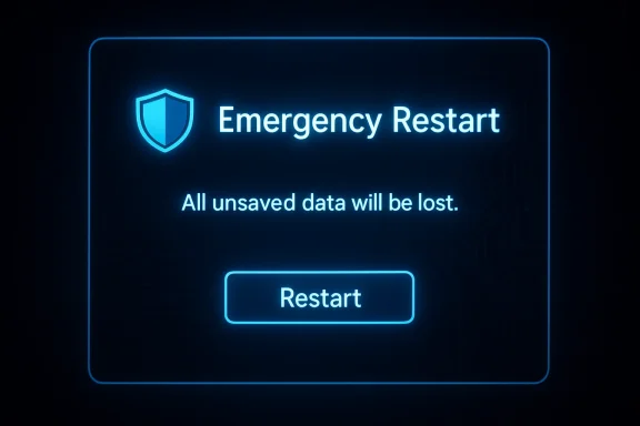 Blue neon emergency restart screen warning that all unsaved data will be lost.