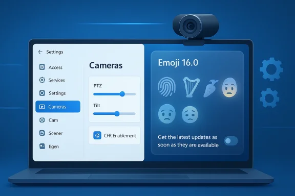 Laptop screen showing camera settings and Emoji 16.0 panel in blue UI.