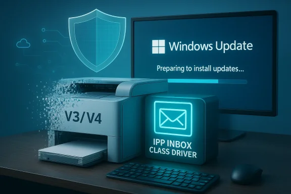 Windows Update screen shows preparing to install updates beside a V3/V4 printer and glowing inbox driver.