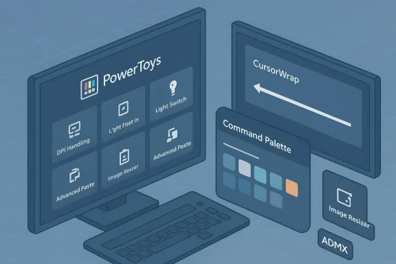 Isometric illustration of PowerToys UI with tools like CursorWrap and Command Palette.