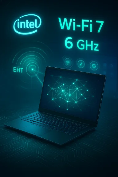 Neon-lit laptop shows a glowing network schematic with Intel logo and Wi-Fi 6 GHz. Neon-lit laptop shows a glowing network schematic with Intel logo and Wi-Fi 6 GHz.