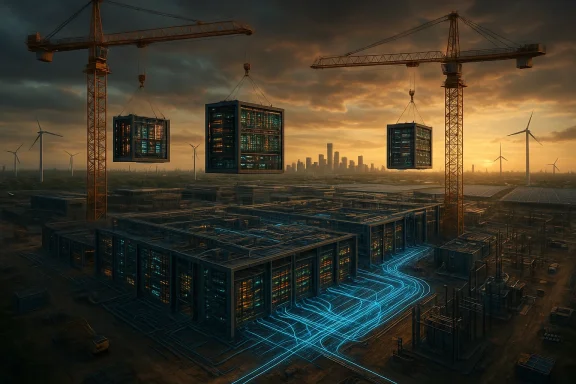 Two cranes lift glowing data-center modules as blue energy lines stream across a futuristic construction site at sunset.