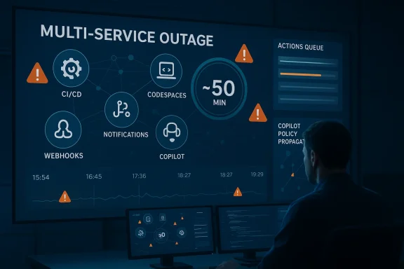 Blue-lit control-room dashboard tracking a multi-service outage with warnings and ~50 min ETA.