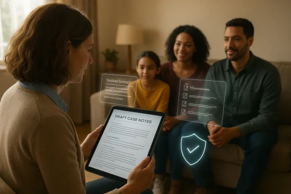 Therapist reviews digital draft case notes with a family using holographic overlays.