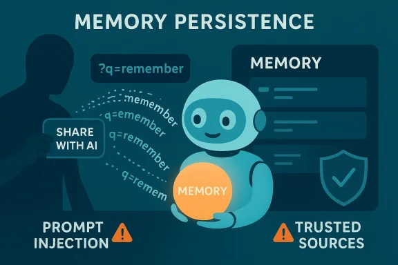 A friendly robot holds a memory orb, illustrating memory persistence and warnings about prompt injection and trusted sources.