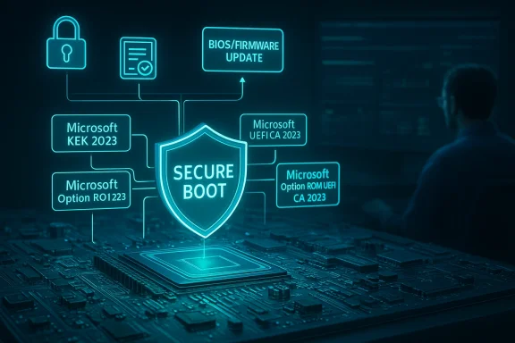 Glowing blue diagram shows Secure Boot and firmware security on a motherboard.