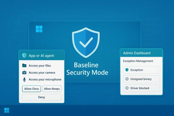 Baseline Security Mode: blue interface showing app permissions and an admin dashboard.